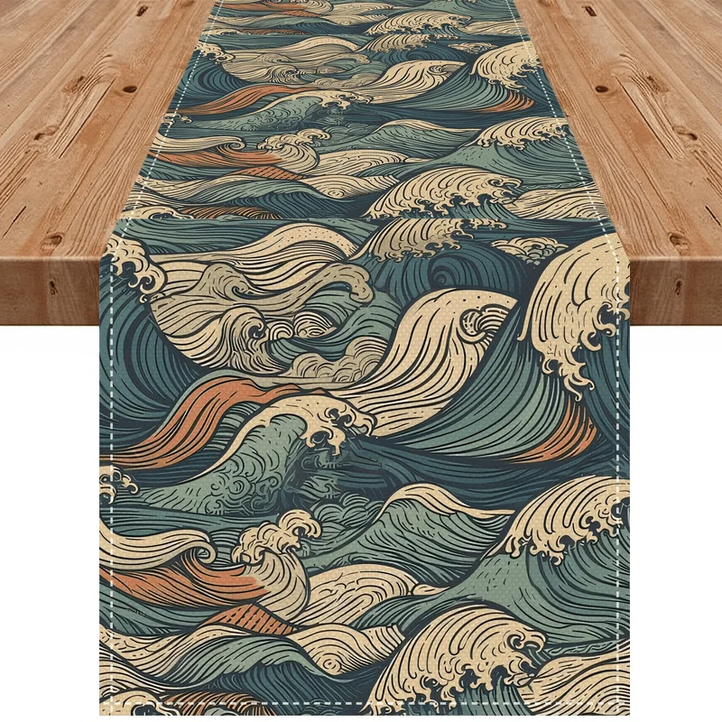 Christmas Table Runner - Hokusai-Inspired Japanese Nautical Wave Table Runner